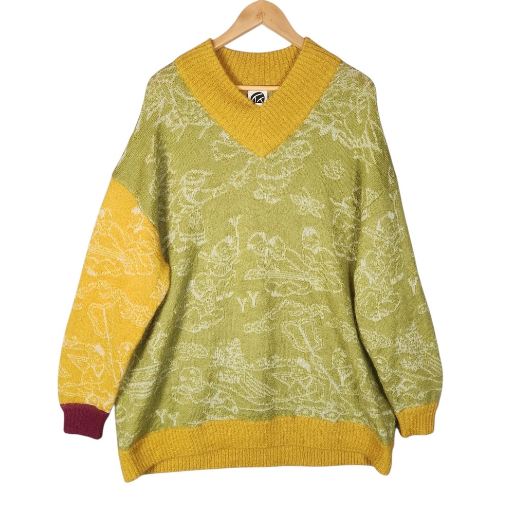Yanyan Knits Sweater XS Green Yellow Colorblock Jaquard Motif Oversized Mohair